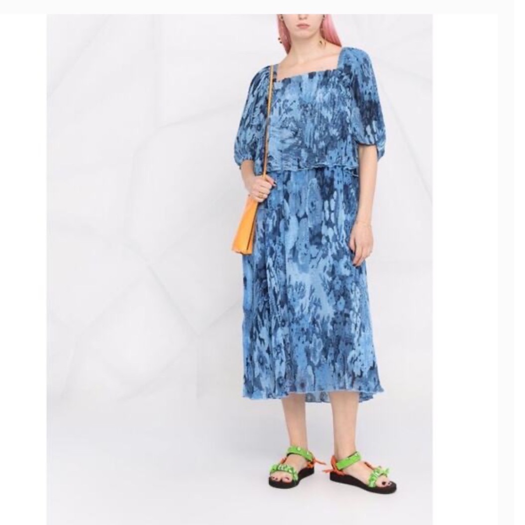 Ganni Georgette Pleated Midi Dress Placid Blue Recycled F6915 Size 44 Xl Nwt